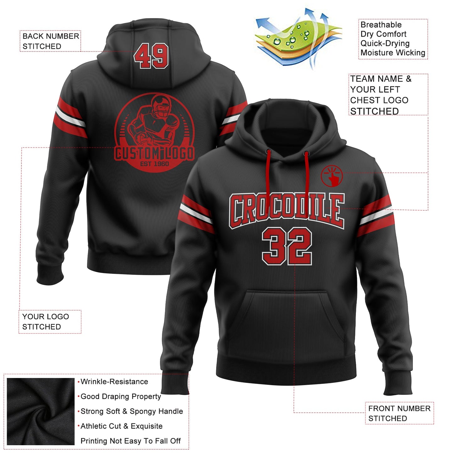 Custom Stitched Black Red-White Football Pullover Sweatshirt Hoodie view 2