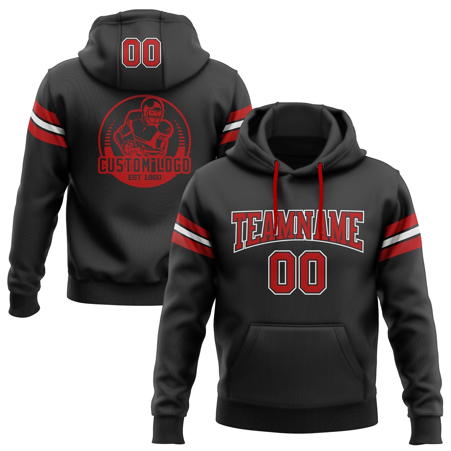 Custom Stitched Black Red-White Football Pullover Sweatshirt Hoodie - Main View