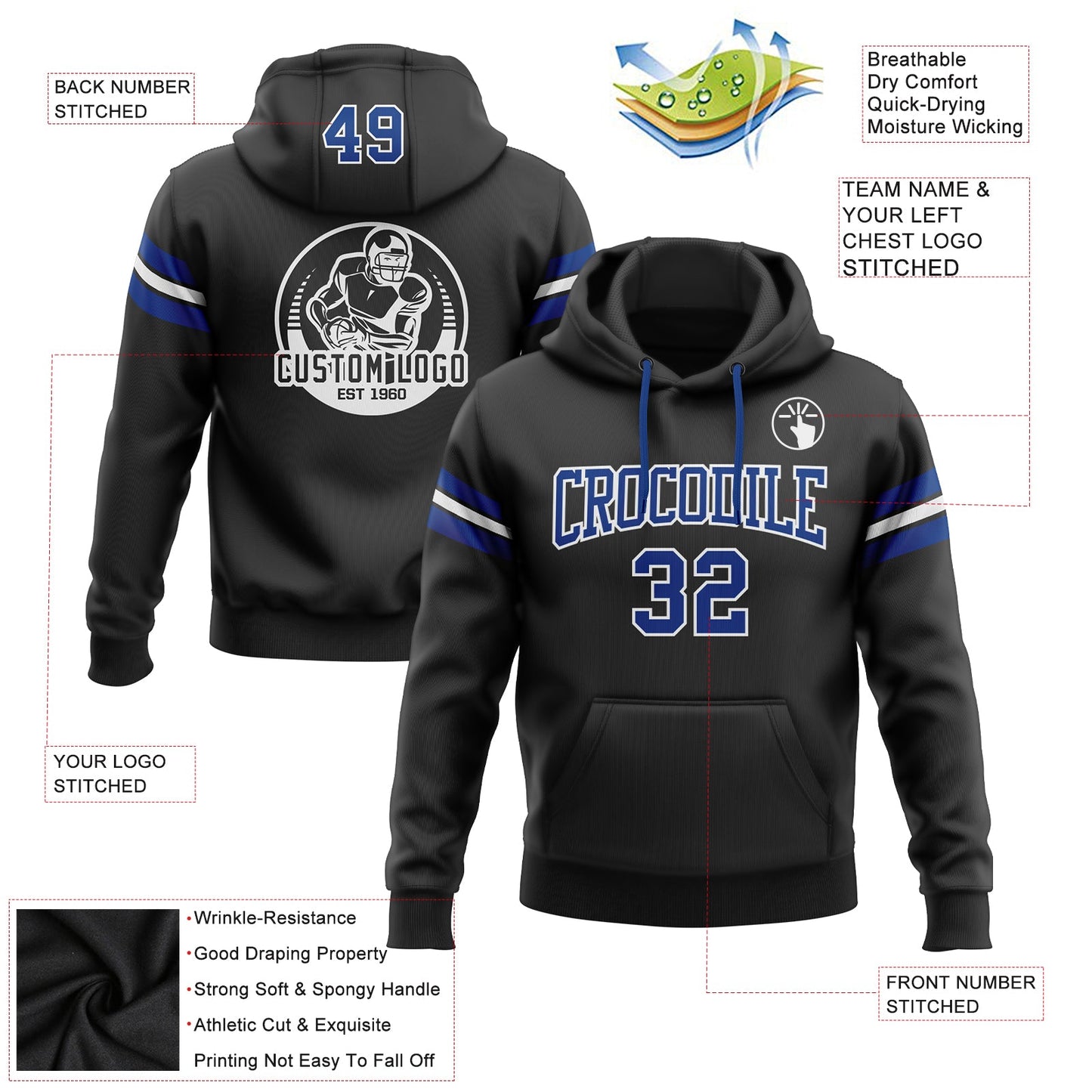 Custom Stitched Black Royal-White Football Pullover Sweatshirt Hoodie view 2