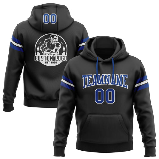 Custom Stitched Black Royal-White Football Pullover Sweatshirt Hoodie - Main View