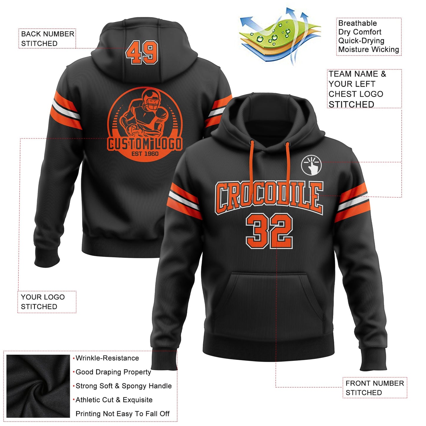 Custom Stitched Black Orange-White Football Pullover Sweatshirt Hoodie view 2