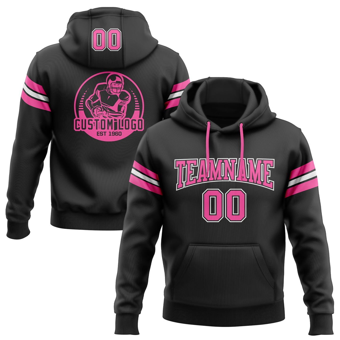 Custom Stitched Black Pink-White Football Pullover Sweatshirt Hoodie - Main View