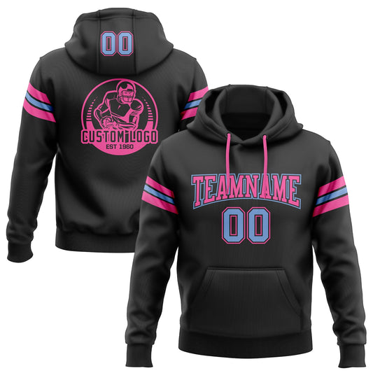 Custom Stitched Black Light Blue-Pink Football Pullover Sweatshirt Hoodie - Main View