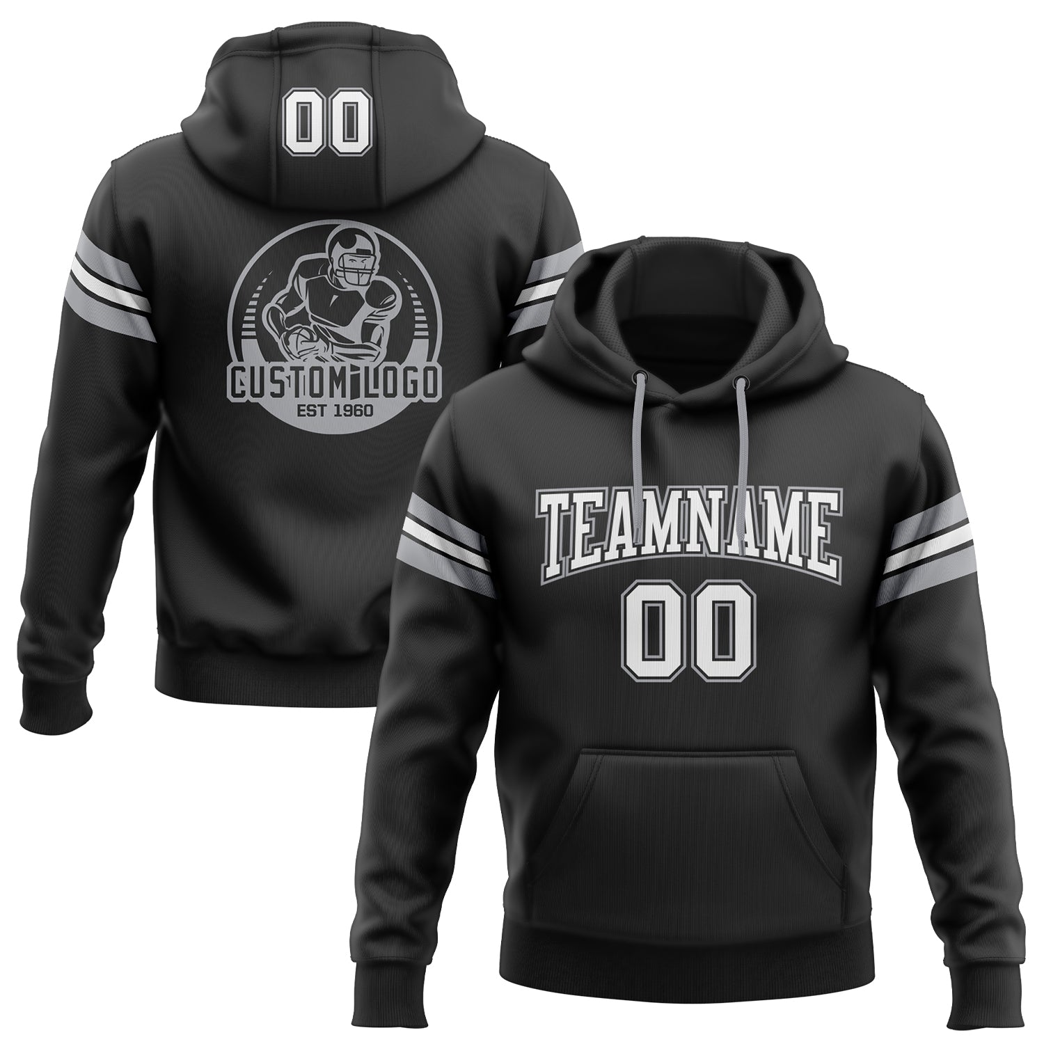 Custom Stitched Black White-Gray Football Pullover Sweatshirt Hoodie - Main View