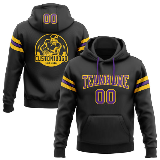 Custom Stitched Black Purple-Gold Football Pullover Sweatshirt Hoodie - Main View