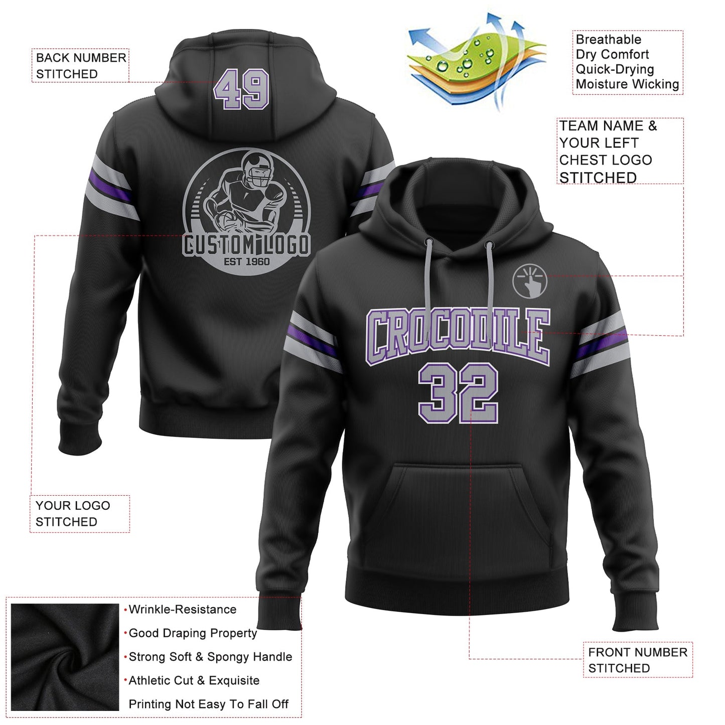 Custom Stitched Black Gray-Purple Football Pullover Sweatshirt Hoodie view 2