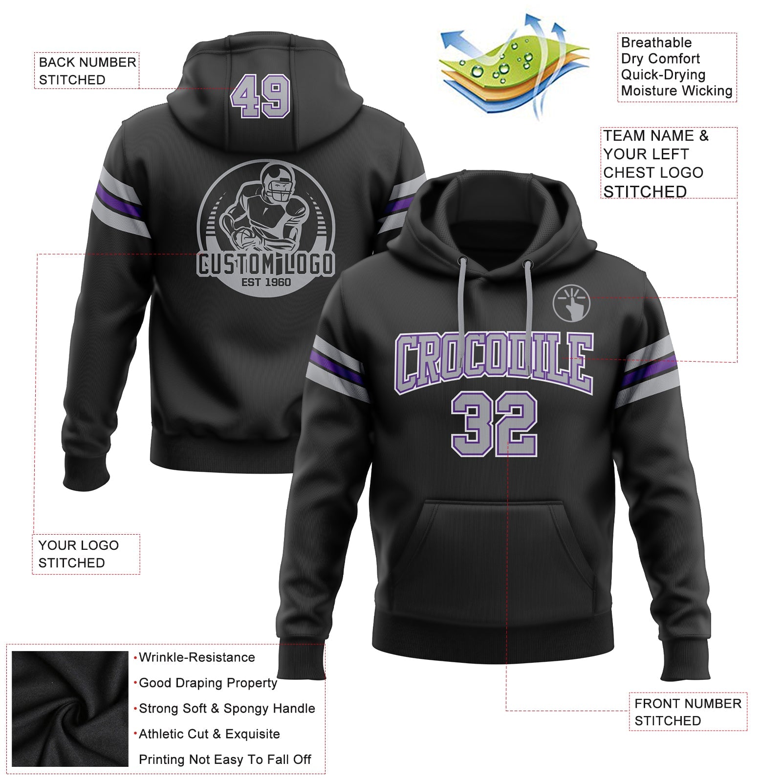 Custom Stitched Black Gray-Purple Football Pullover Sweatshirt Hoodie view 2