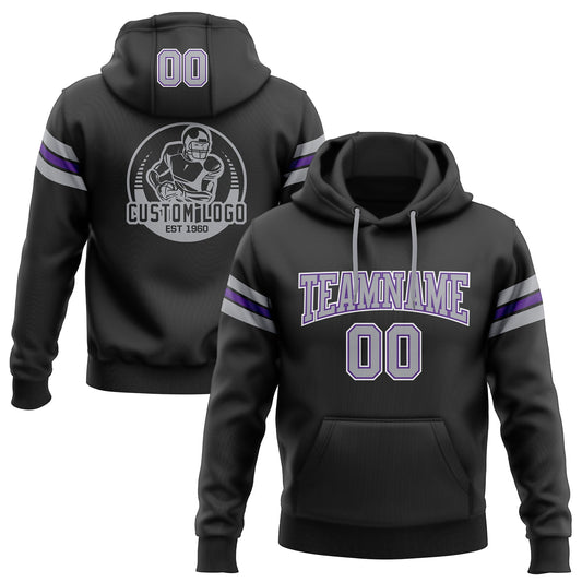 Custom Stitched Black Gray-Purple Football Pullover Sweatshirt Hoodie - Main View