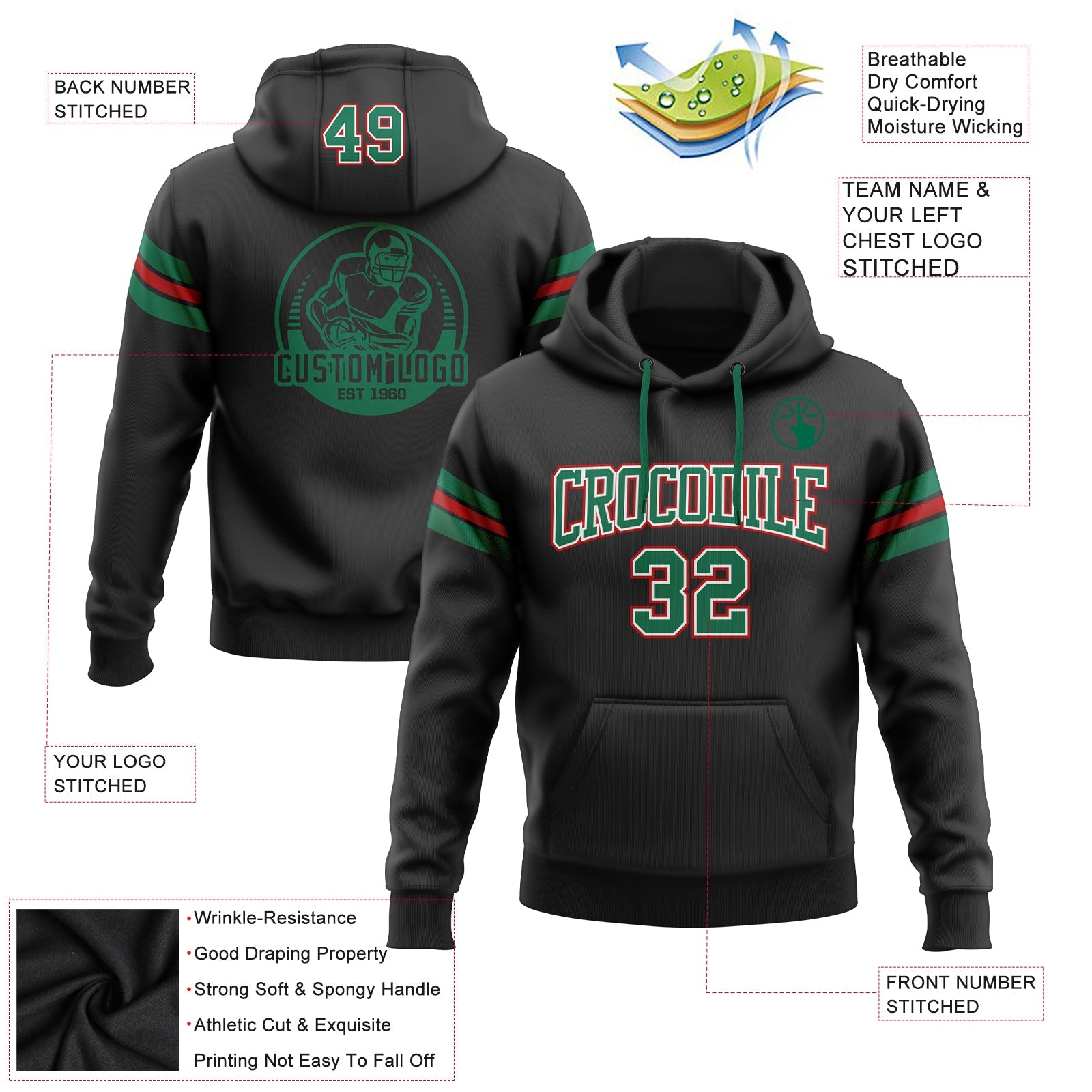 Custom Stitched Black Kelly Green-Red Football Pullover Sweatshirt Hoodie view 2