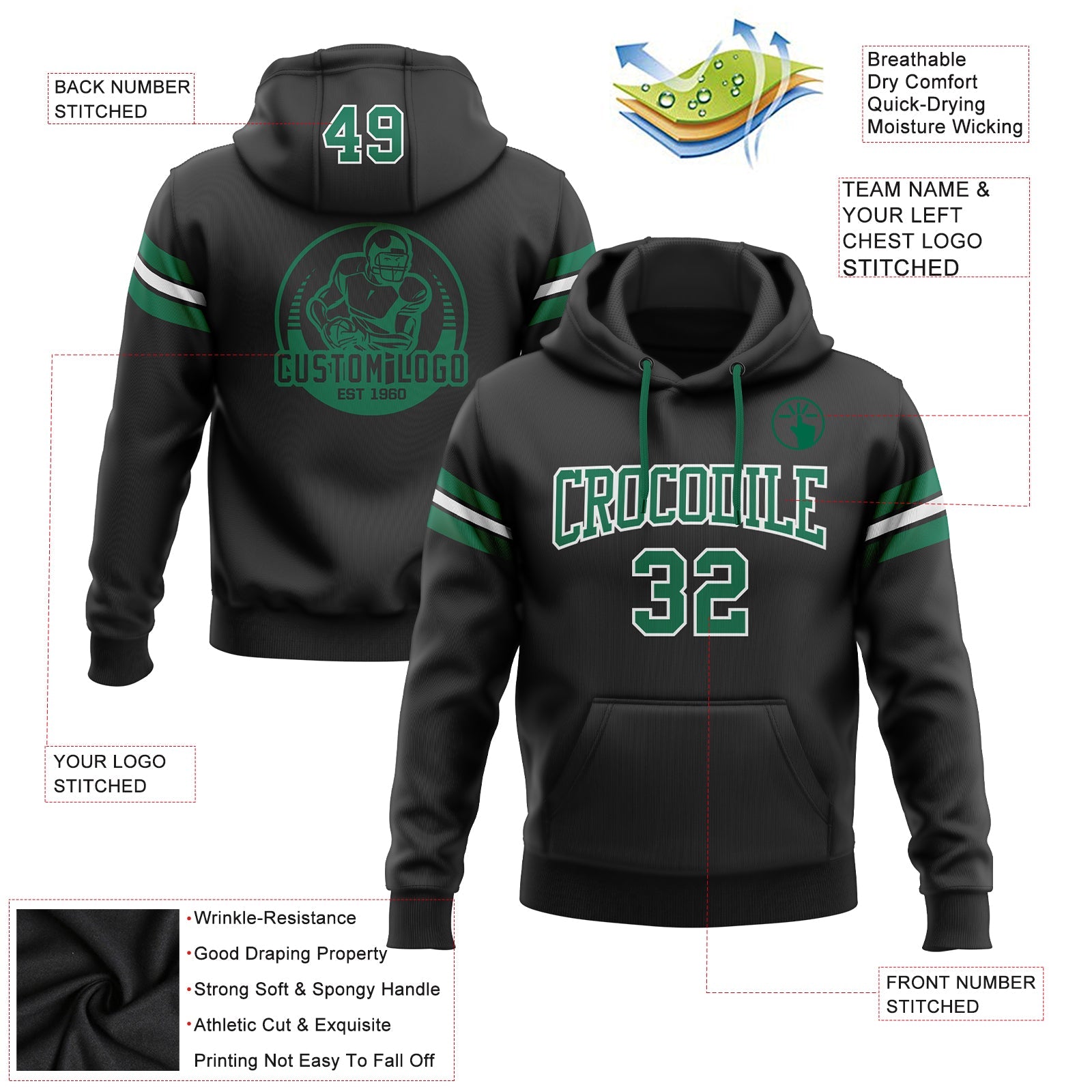 Custom Stitched Black Kelly Green-White Football Pullover Sweatshirt Hoodie view 2