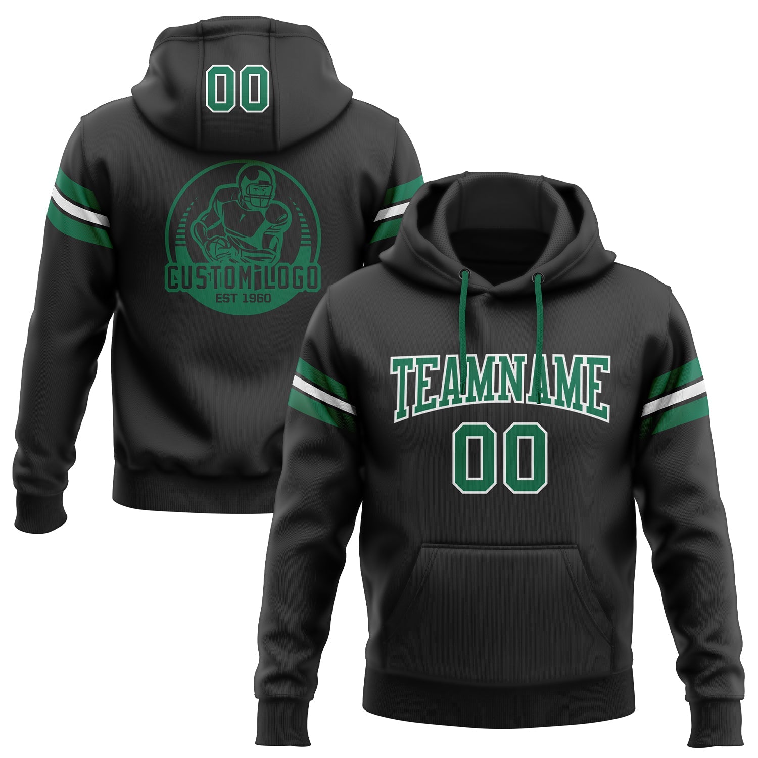 Custom Stitched Black Kelly Green-White Football Pullover Sweatshirt Hoodie - Main View