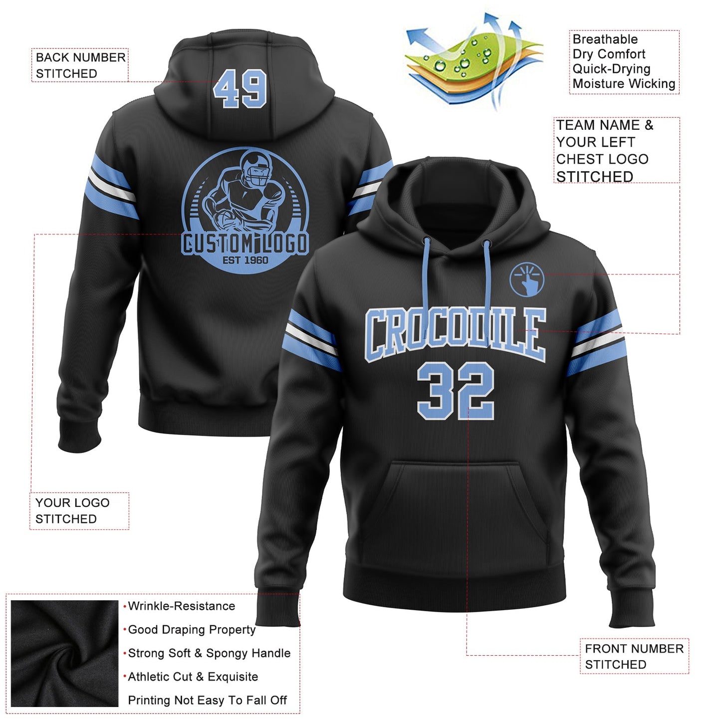 Custom Stitched Black Light Blue-White Football Pullover Sweatshirt Hoodie view 2