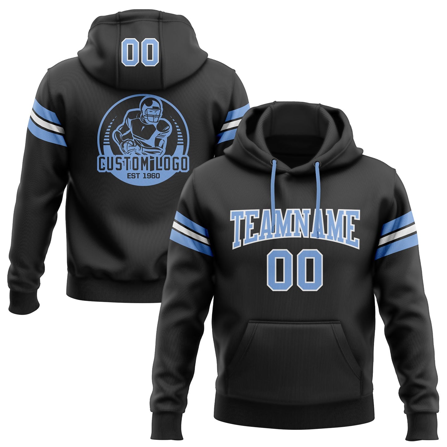 Custom Stitched Black Light Blue-White Football Pullover Sweatshirt Hoodie - Main View