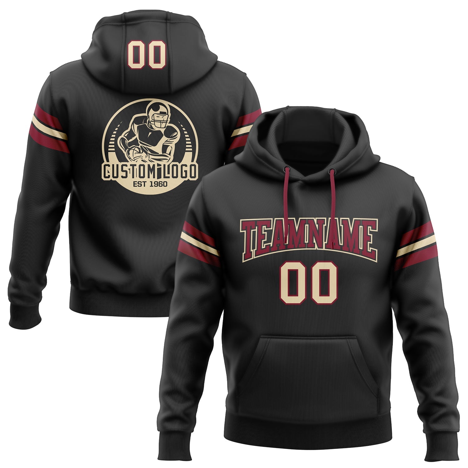 Custom Stitched Black Cream-Crimson Football Pullover Sweatshirt Hoodie - Main View