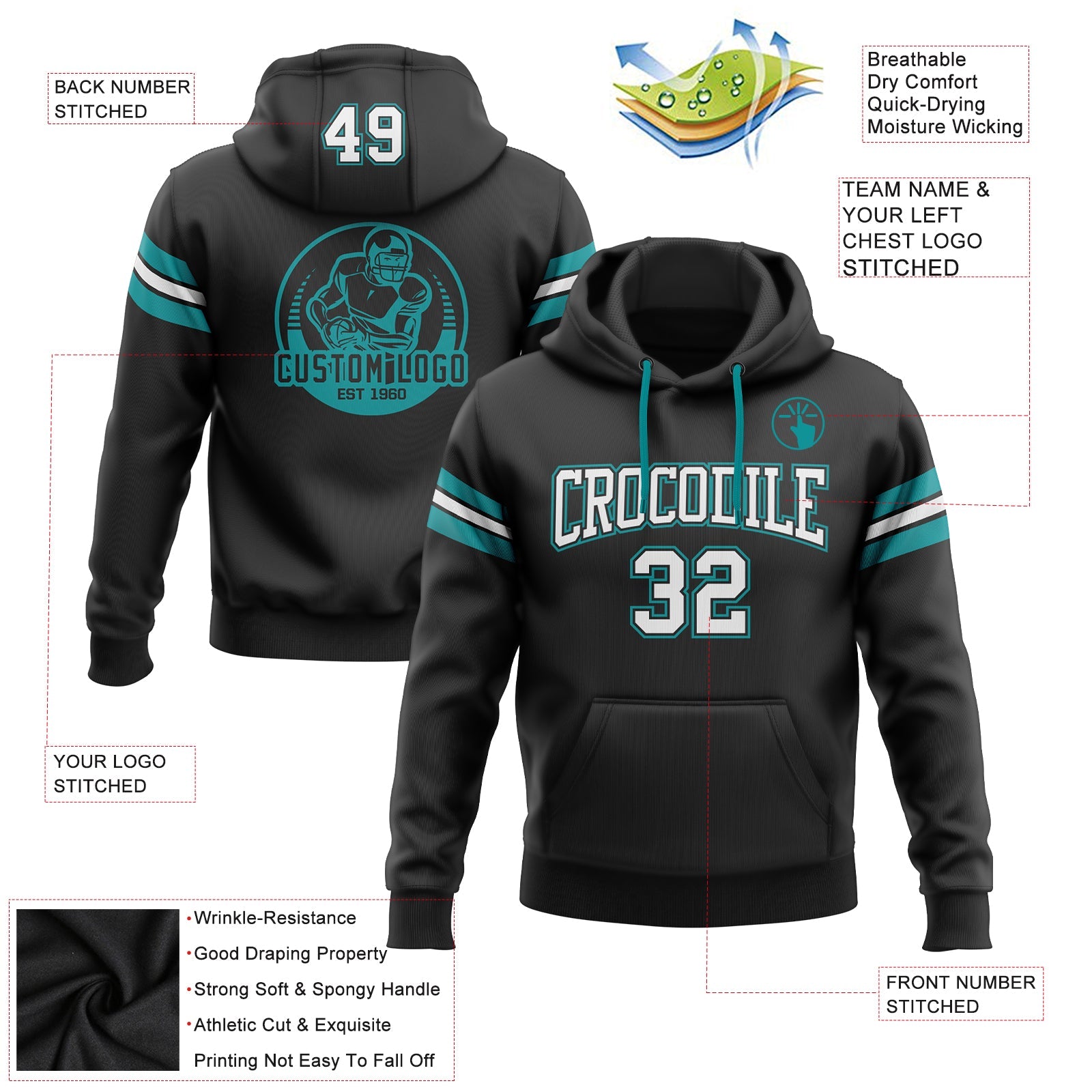 Custom Stitched Black White-Aqua Football Pullover Sweatshirt Hoodie view 2