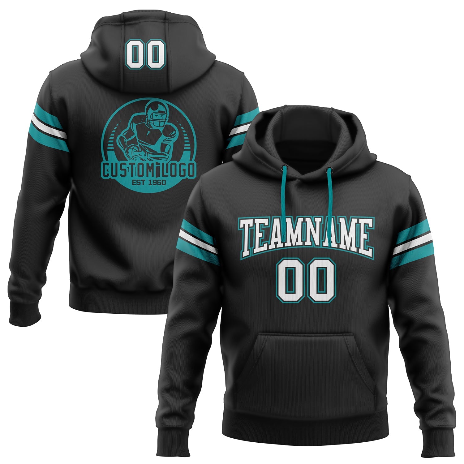 Custom Stitched Black White-Aqua Football Pullover Sweatshirt Hoodie - Main View