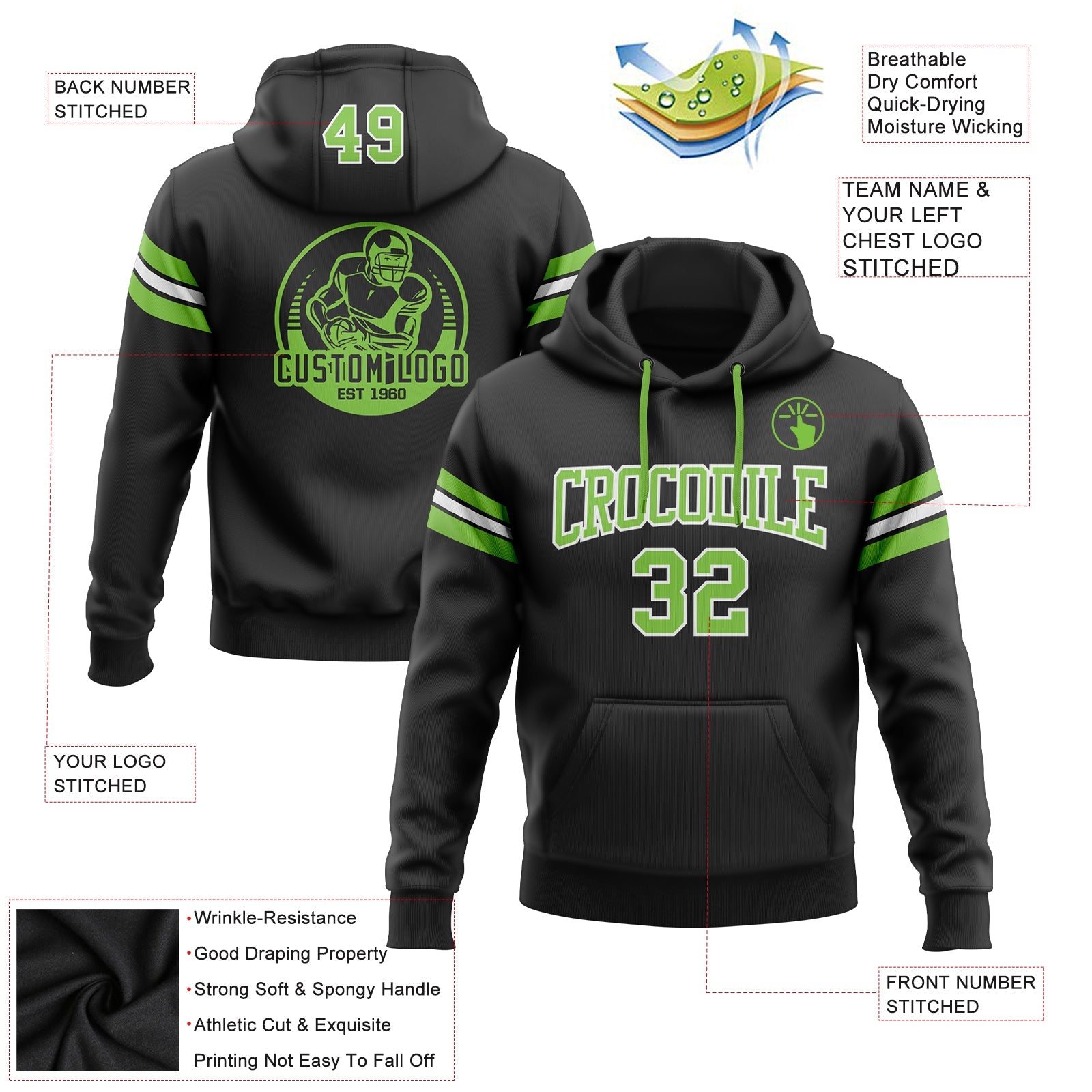 Custom Stitched Black Neon Green-White Football Pullover Sweatshirt Hoodie view 2