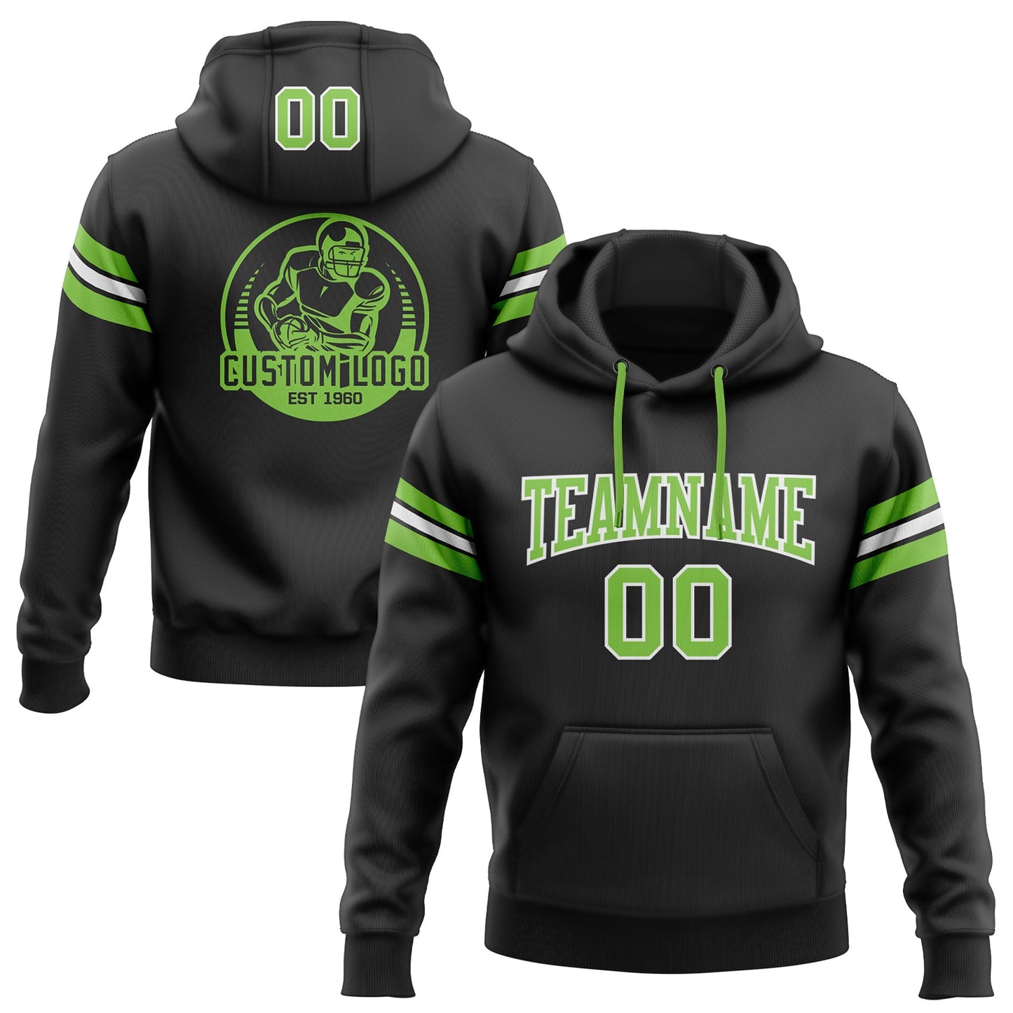 Custom Stitched Black Neon Green-White Football Pullover Sweatshirt Hoodie - Main View