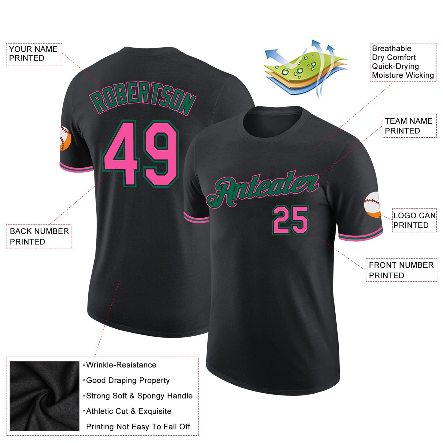 Custom Black Pink-Kelly Green Performance T-Shirt view 2