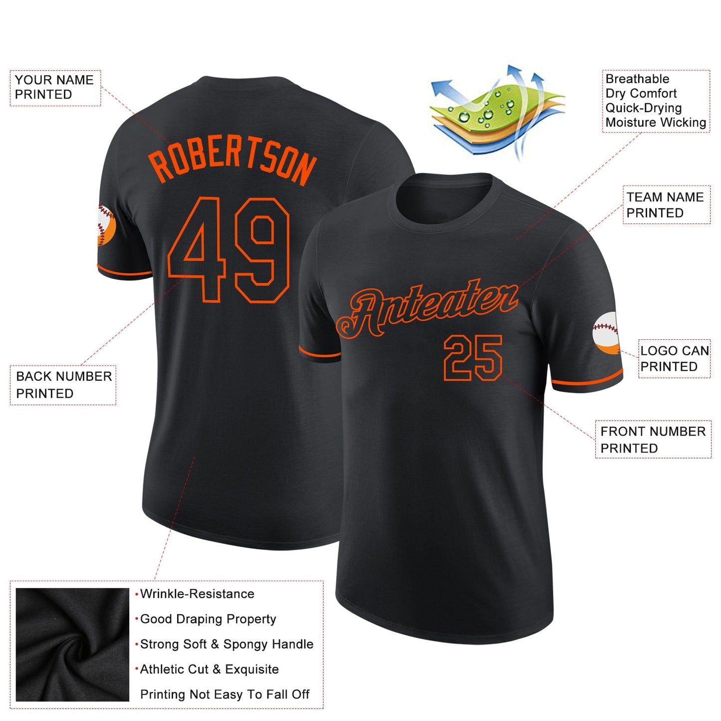 Custom Black Black-Orange Performance T-Shirt view 2