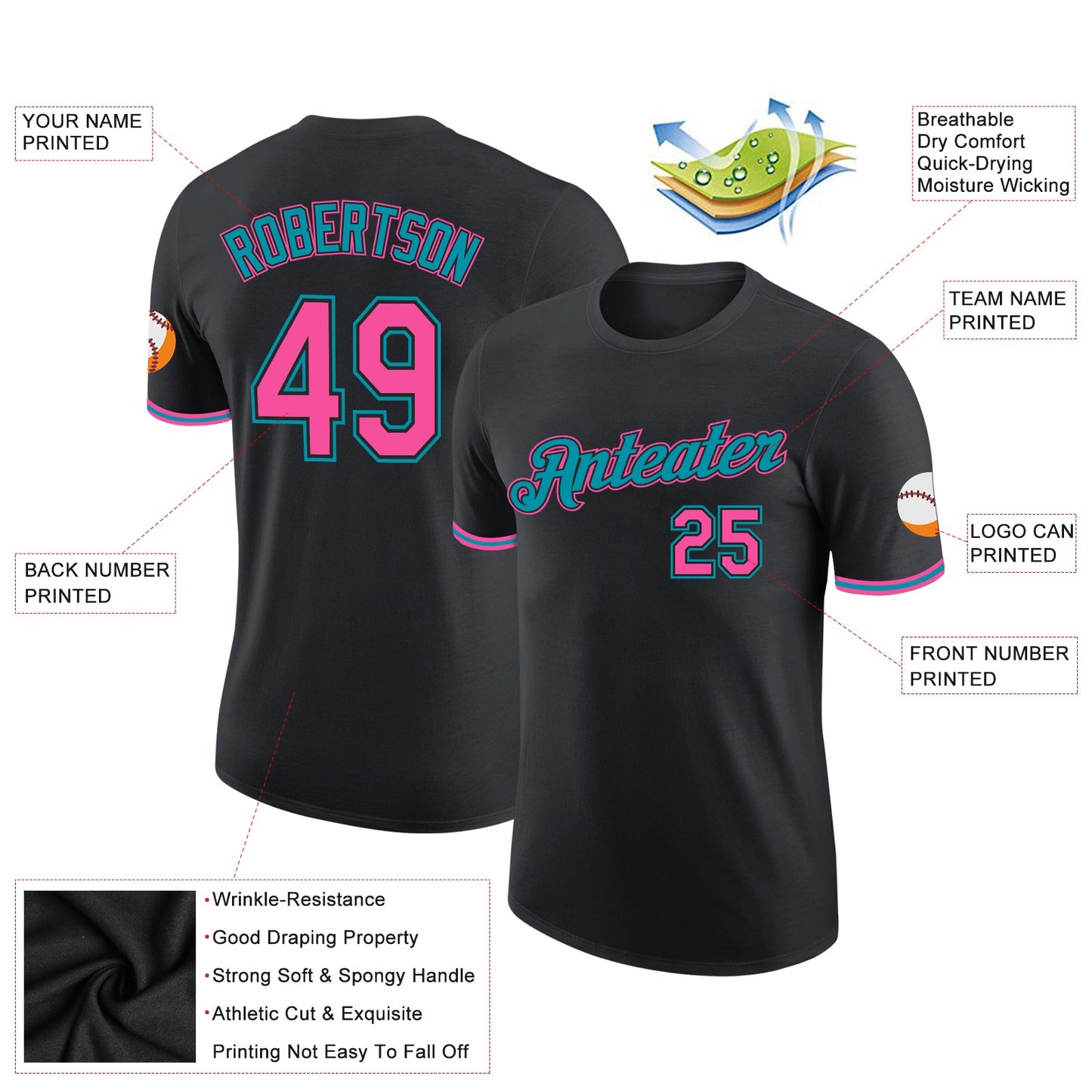 Custom Black Pink-Teal Performance T-Shirt view 3