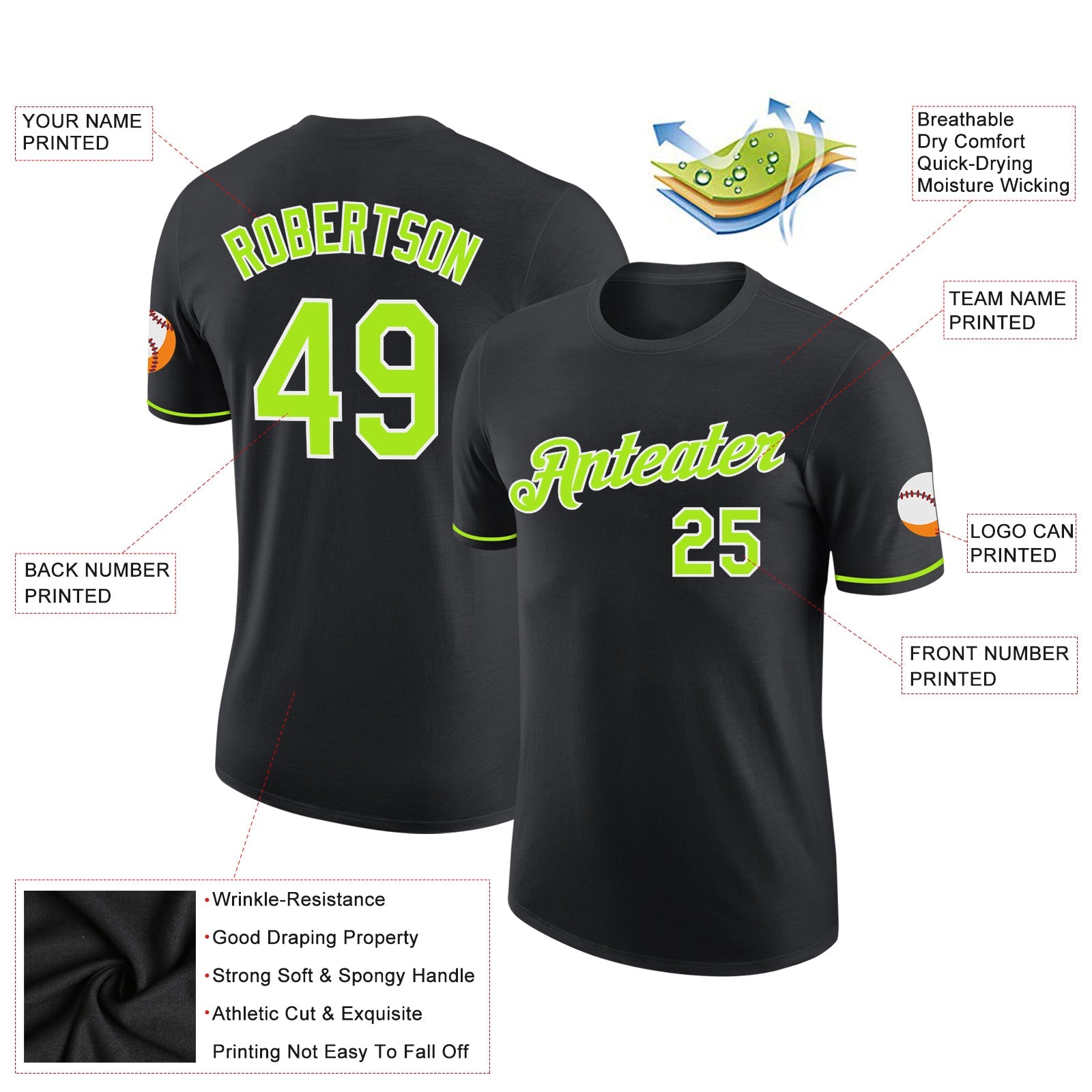 Custom Black Neon Green-White Performance T-Shirt view 2