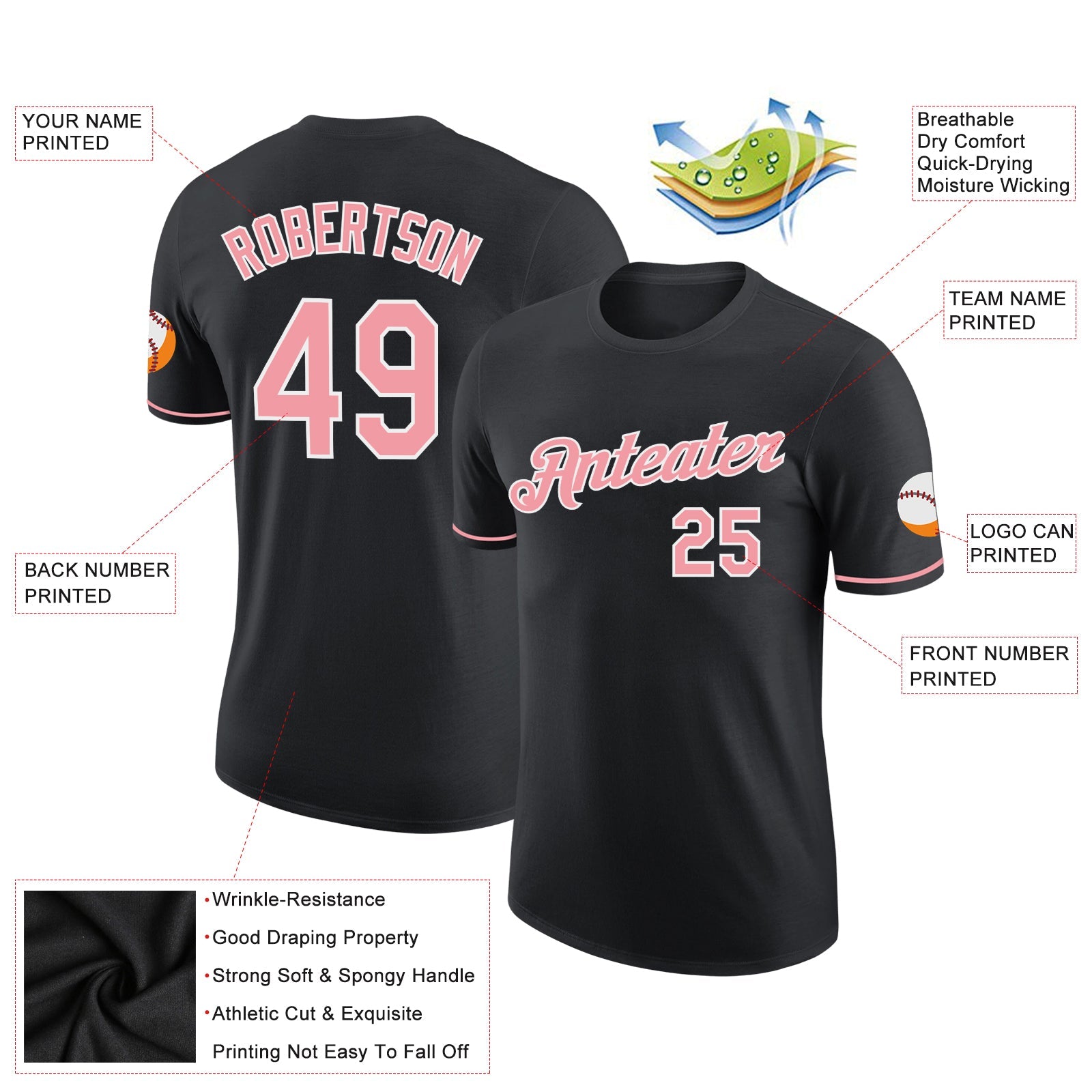 Custom Black Medium Pink-White Performance T-Shirt view 2