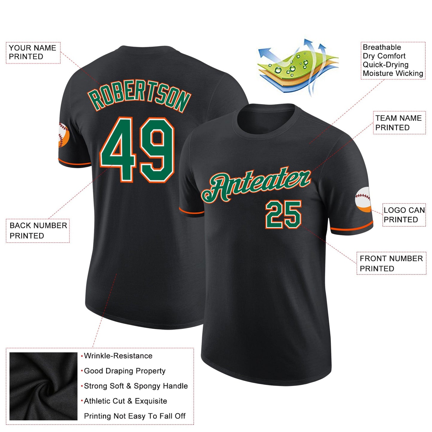 Custom Black Kelly Green-Orange Performance T-Shirt view 2