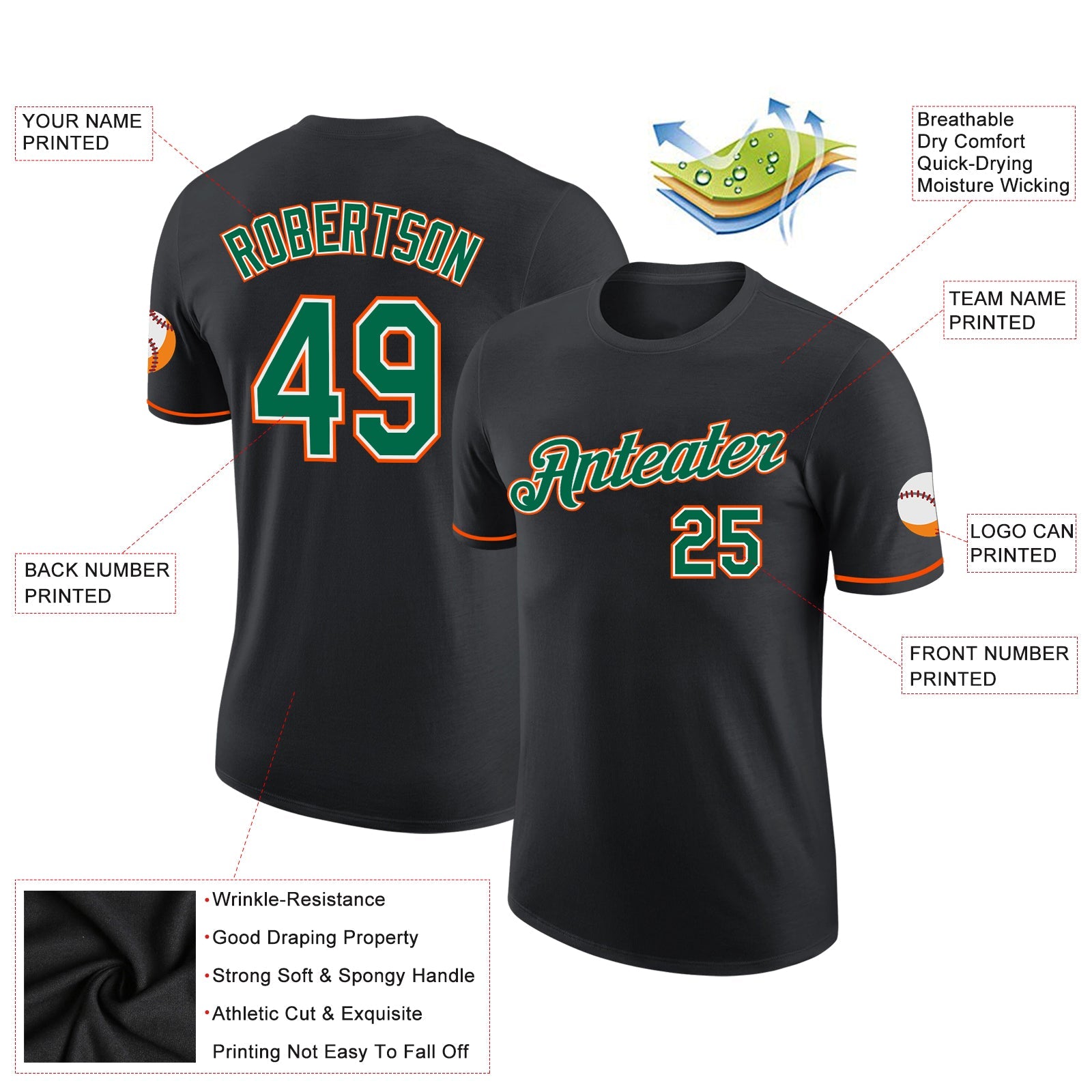 Custom Black Kelly Green-Orange Performance T-Shirt view 2