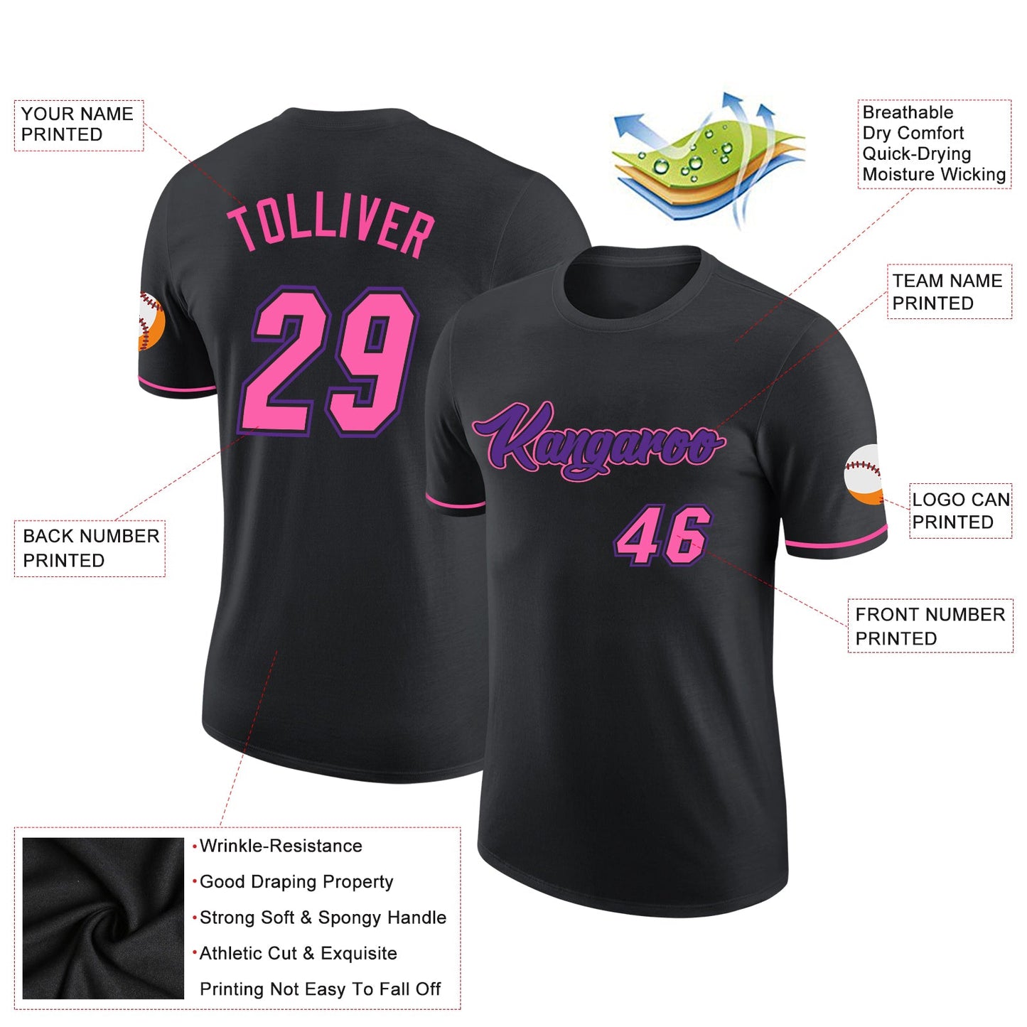 Custom Black Pink-Purple Performance T-Shirt view 2