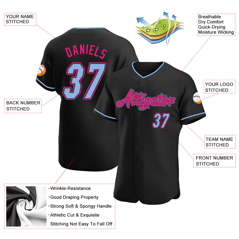 Custom Black Light Blue-Hot Pink Authentic Baseball Jersey view 3