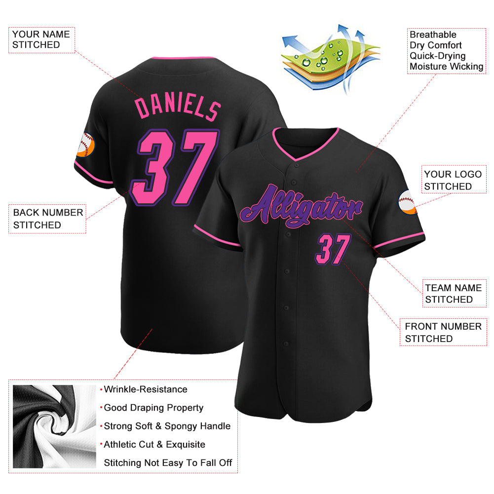 Custom Black Pink-Purple Authentic Baseball Jersey view 3