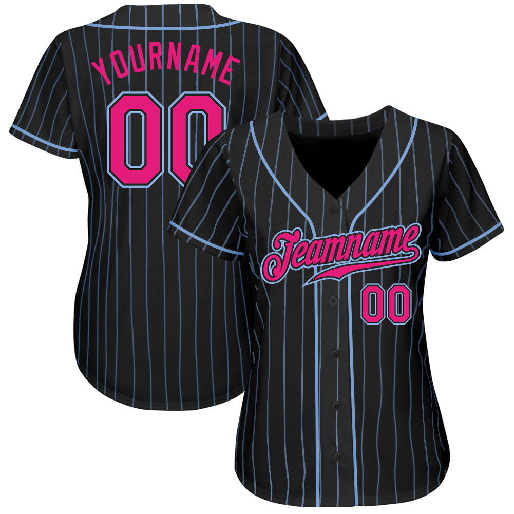 Custom Black Light Blue Pinstripe Hot Pink-Light Blue Authentic Baseball Jersey view 2
