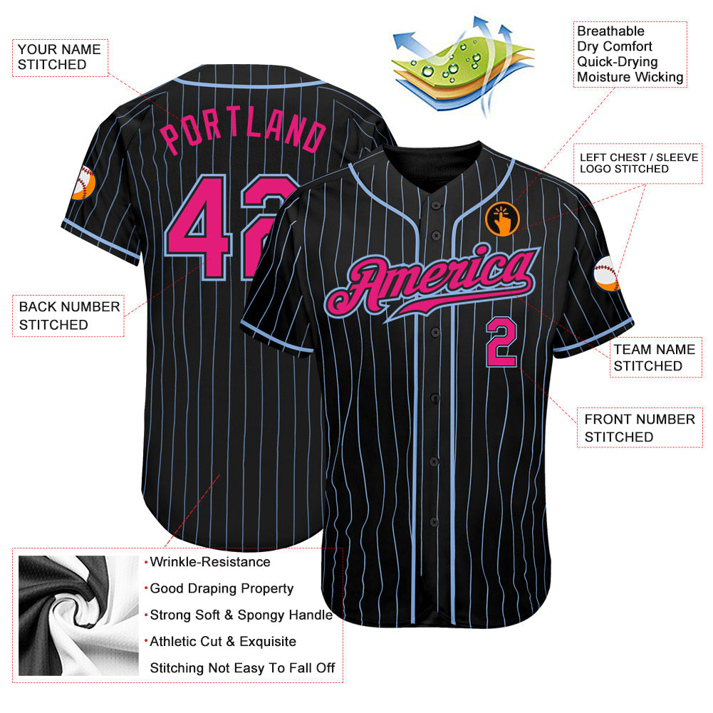 Custom Black Light Blue Pinstripe Hot Pink-Light Blue Authentic Baseball Jersey view 3