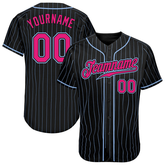 Custom Black Light Blue Pinstripe Hot Pink-Light Blue Authentic Baseball Jersey - Main View