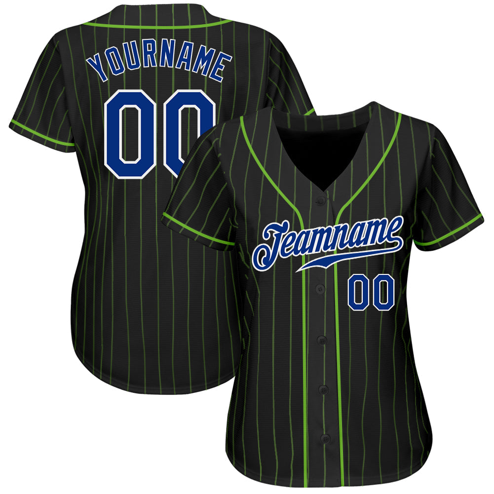 Custom Black Neon Green Pinstripe Royal-White Authentic Baseball Jersey view 2