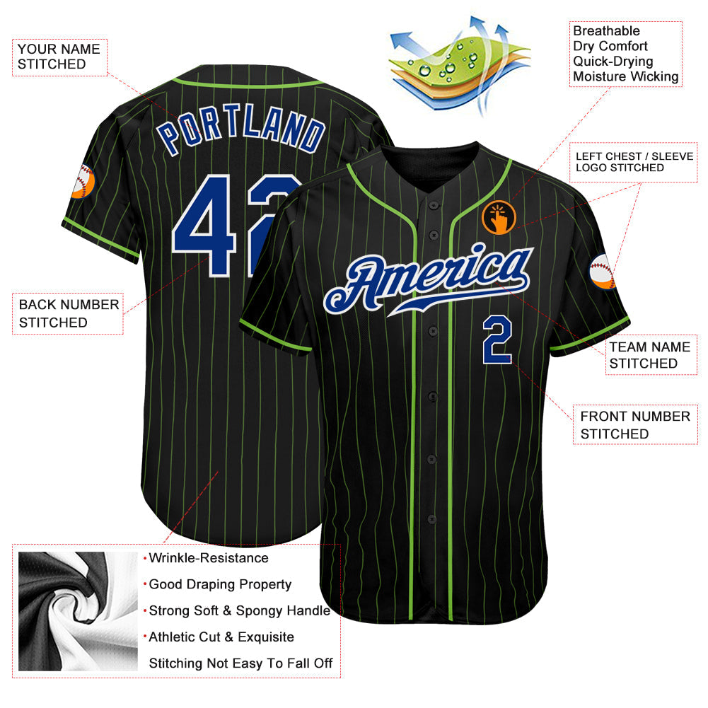 Custom Black Neon Green Pinstripe Royal-White Authentic Baseball Jersey view 3