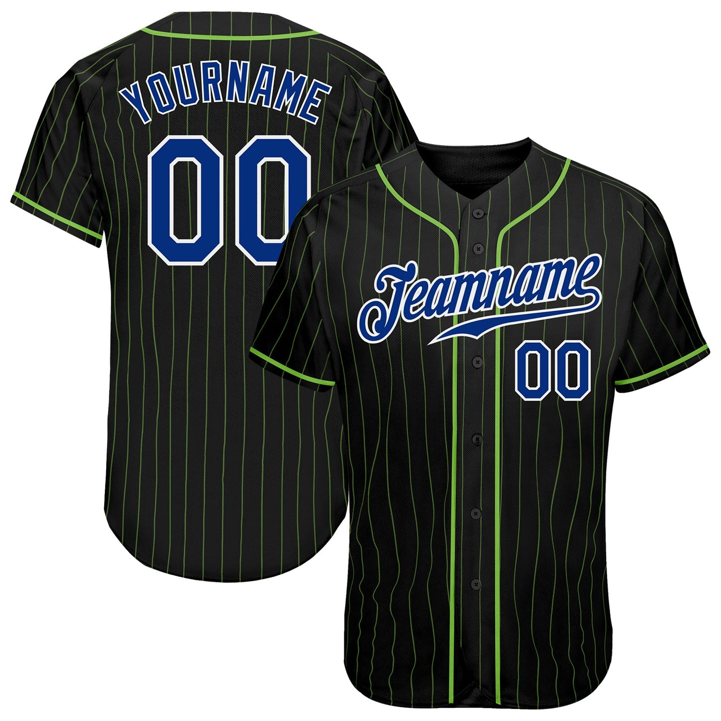Custom Black Neon Green Pinstripe Royal-White Authentic Baseball Jersey - Main View