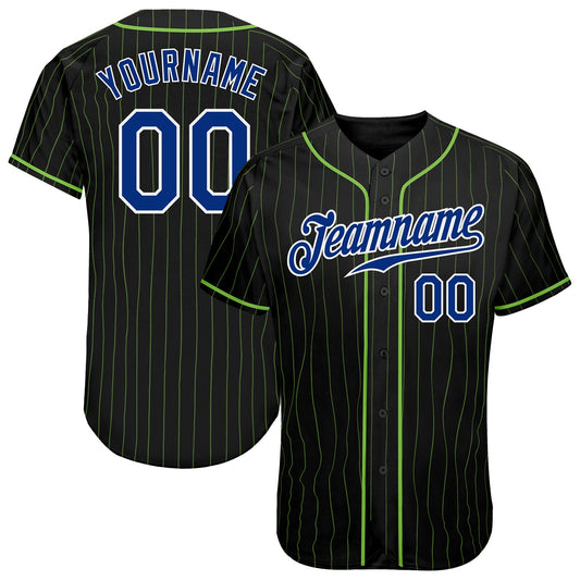 Custom Black Neon Green Pinstripe Royal-White Authentic Baseball Jersey - Main View