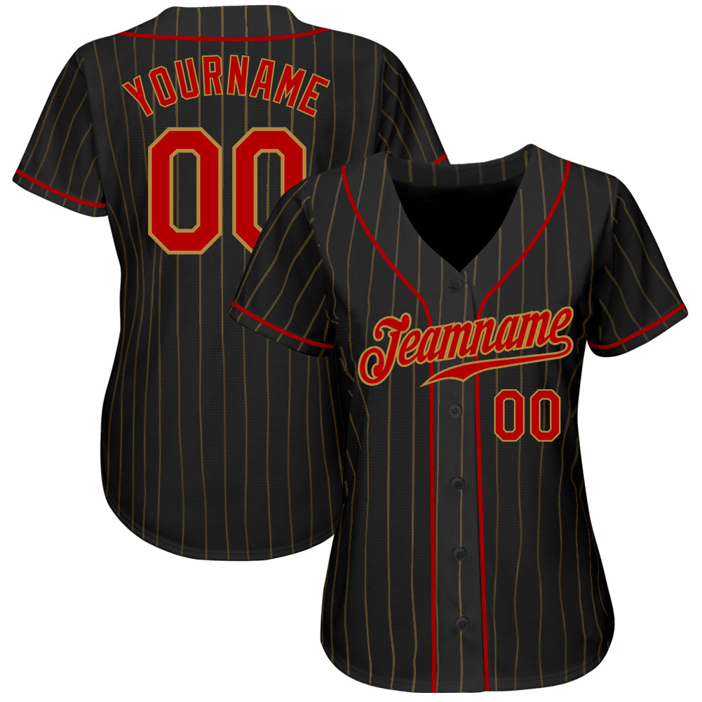 Custom Black Old Gold Pinstripe Red-Old Gold Authentic Baseball Jersey view 2