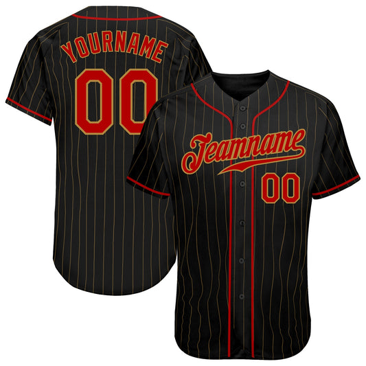 Custom Black Old Gold Pinstripe Red-Old Gold Authentic Baseball Jersey - Main View