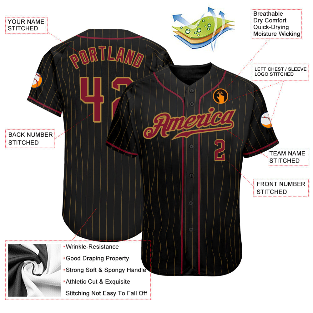 Custom Black Old Gold Pinstripe Crimson-Old Gold Authentic Baseball Jersey view 3