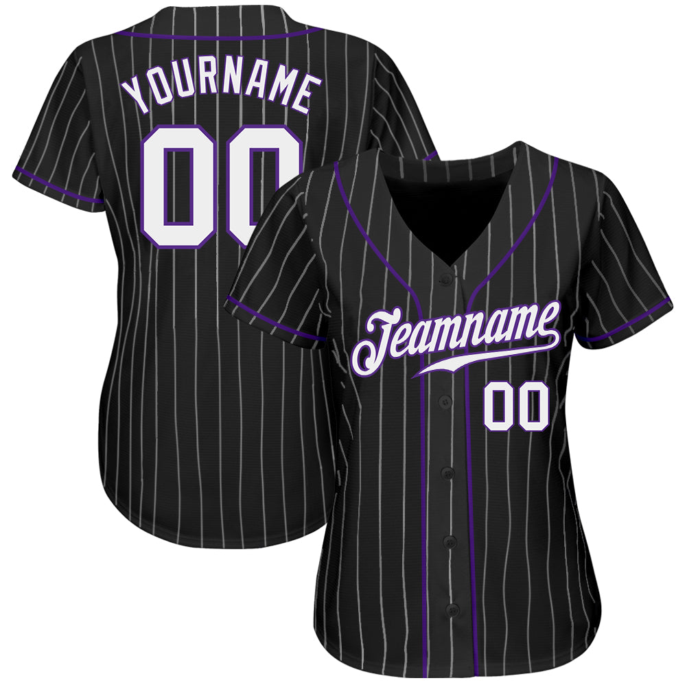 Custom Black White Pinstripe White-Purple Authentic Baseball Jersey view 2