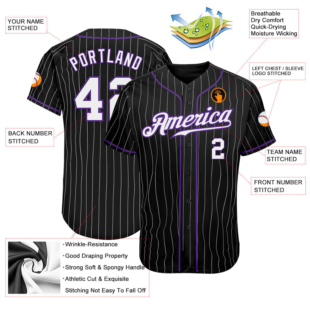 Custom Black White Pinstripe White-Purple Authentic Baseball Jersey view 3