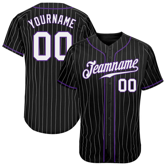 Custom Black White Pinstripe White-Purple Authentic Baseball Jersey - Main View