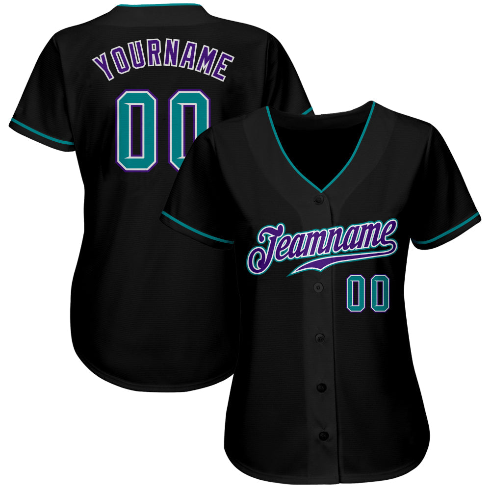 Custom Black Teal-Purple Authentic Baseball Jersey view 3
