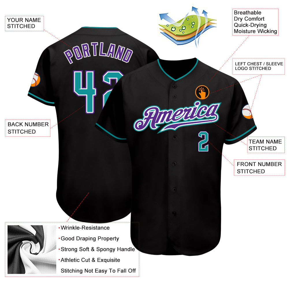 Custom Black Teal-Purple Authentic Baseball Jersey view 4