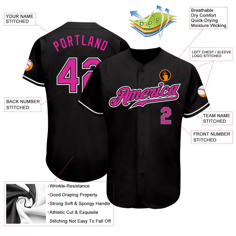 Custom Black Deep Pink-White Authentic Baseball Jersey view 3