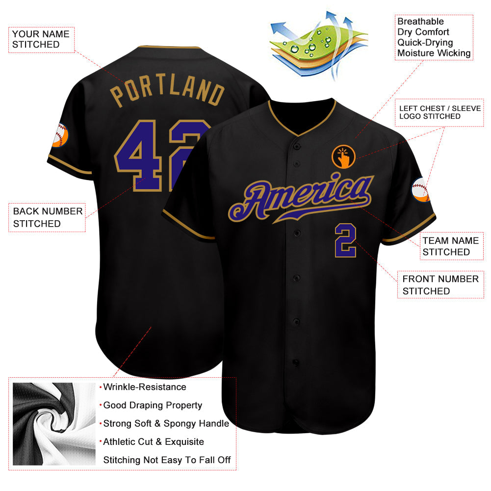 Custom Black Dark Purple-Old Gold Authentic Baseball Jersey view 3