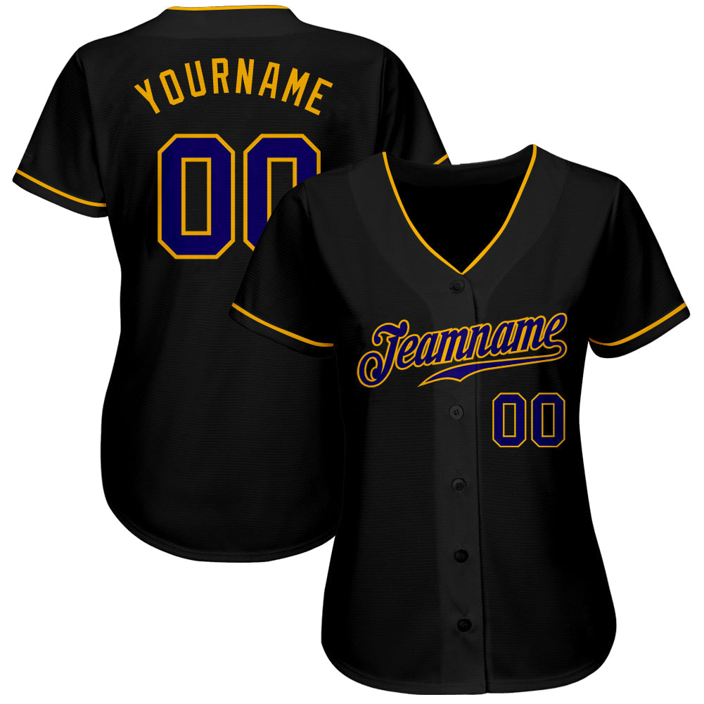 Custom Black Dark Purple-Gold Authentic Baseball Jersey view 2